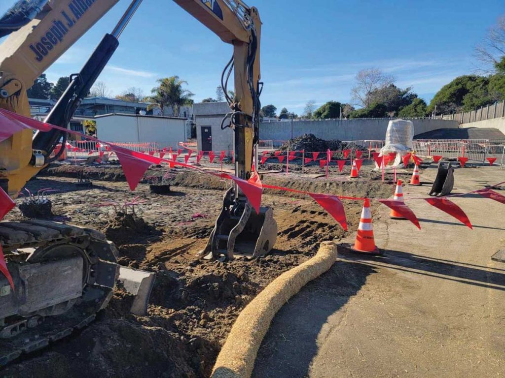 New facilities under construction at the SCWWTF include a source-water pump station and electrical transformer, RO concentrate-return pipeline, a metering enclosure, and cloth-filter/UV system for tertiary treatment. Credit: Black & Veatch.