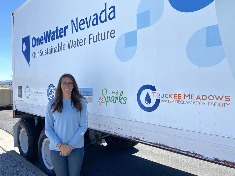 Kaleb Roedel: Mountain West News Bureau.Lydia Teel, the emerging resources program administrator at Truckee Meadows Water Authority, stands in front of one of the semi-trailers she and other project leaders used as a treatment lab on June 21, 2023, in Reno, Nev.
